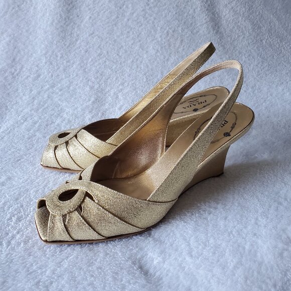 Prada Gold Metallic Peep-toe Slingback Wedge Sandals - Picture 1 of 7